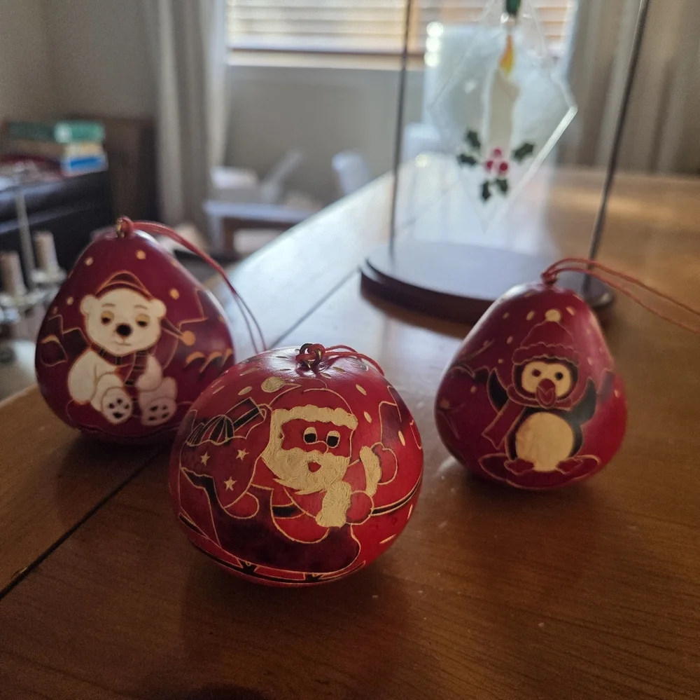 Hand Carved Dried Gourd Ornanent Trio (Polar Bear, Santa & Penguin)